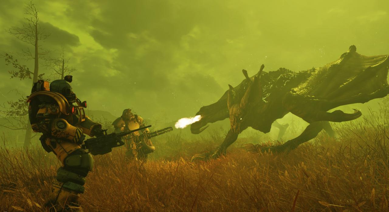 Brandbestie und zwei Kämpfer in Powerrüstung aus Fallout 76.