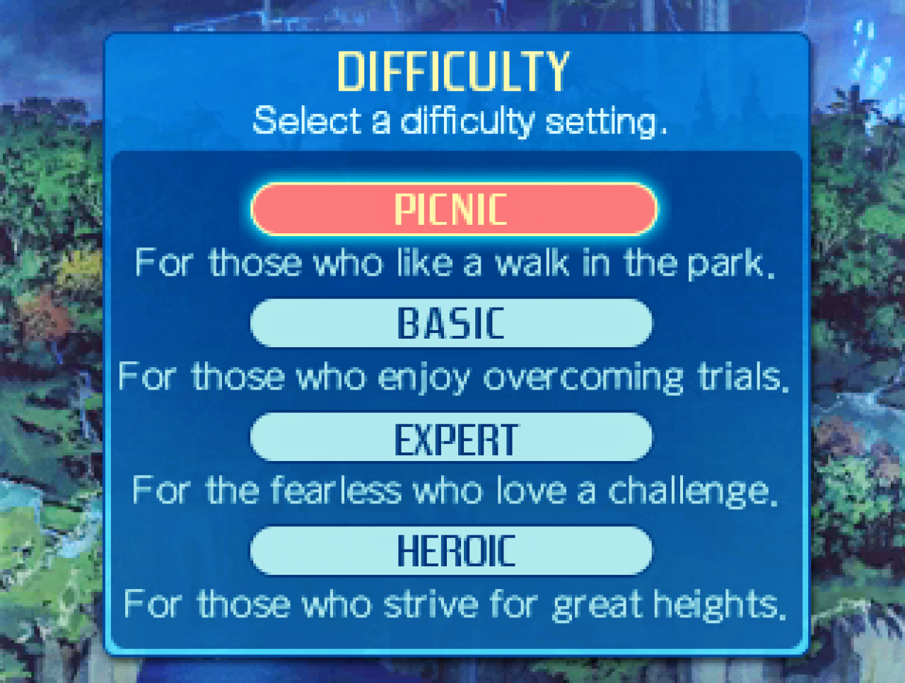 Im Spiel könnt ihr jederzeit zwischen dem Basis- und Expertenlevel wechseln. Habt ihr euch jedoch einmal für die Picnic-Stufe entschieden, könnt ihr nicht mehr aufsteigen. Der heroische Grad ist dagegen nur beim Anlegen des Speicherstands auswählbar.