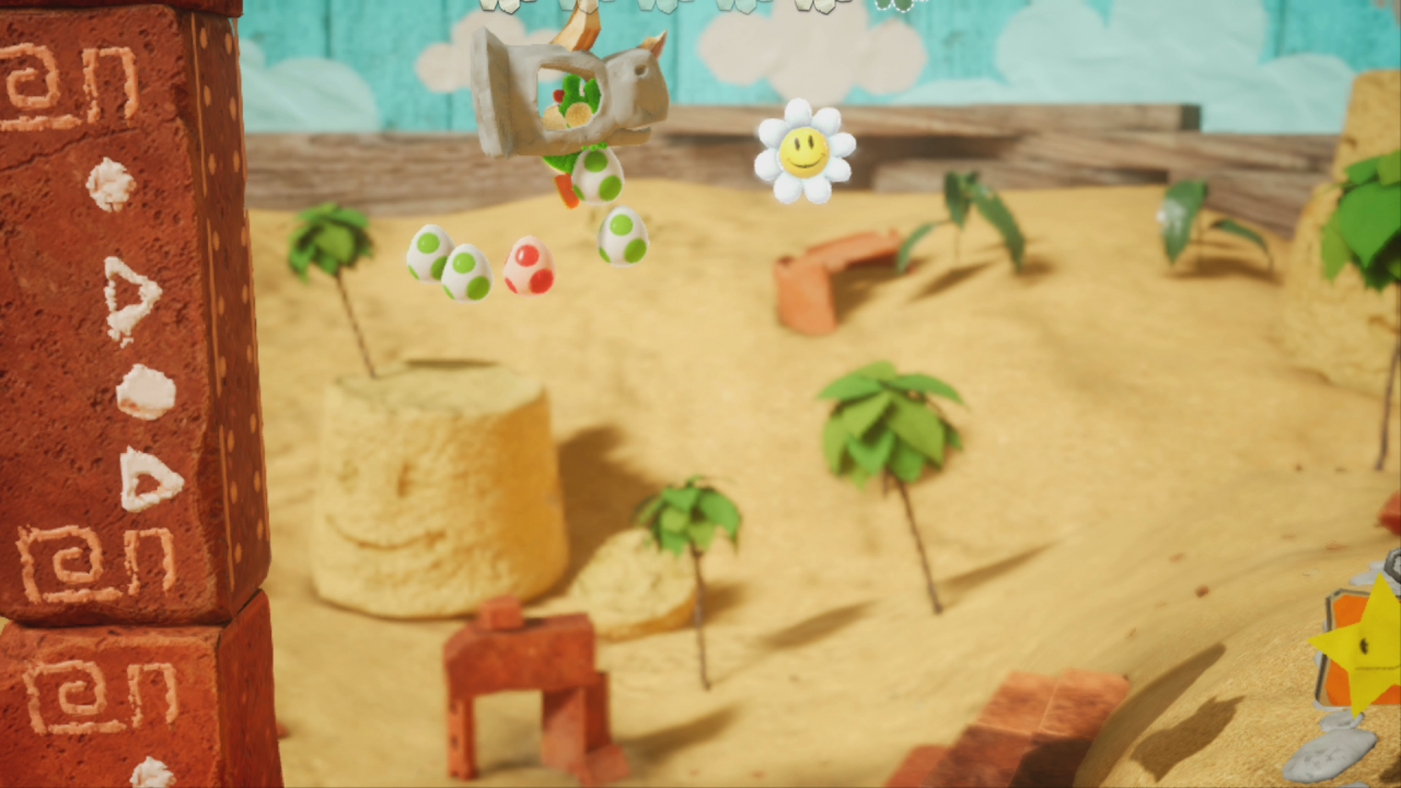 [28/03/2019] Yoshi's Crafted World: Welt 8 - Level 1: Dino-Randale: Mittels Sprungfeder gelangt ihr zur sechsten Blume dieses Levels.