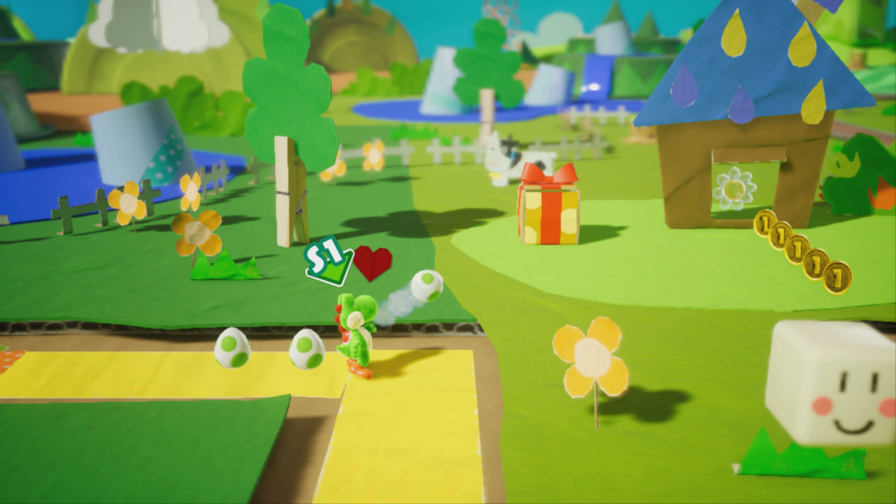 [28/03/2019] Yoshi's Crafted World: Prolog - Dampflok Rennen: Hier findet ihr gleich mehrere rote Münzen, wenn ihr das Geschenk im Hintergrund abschießt. 