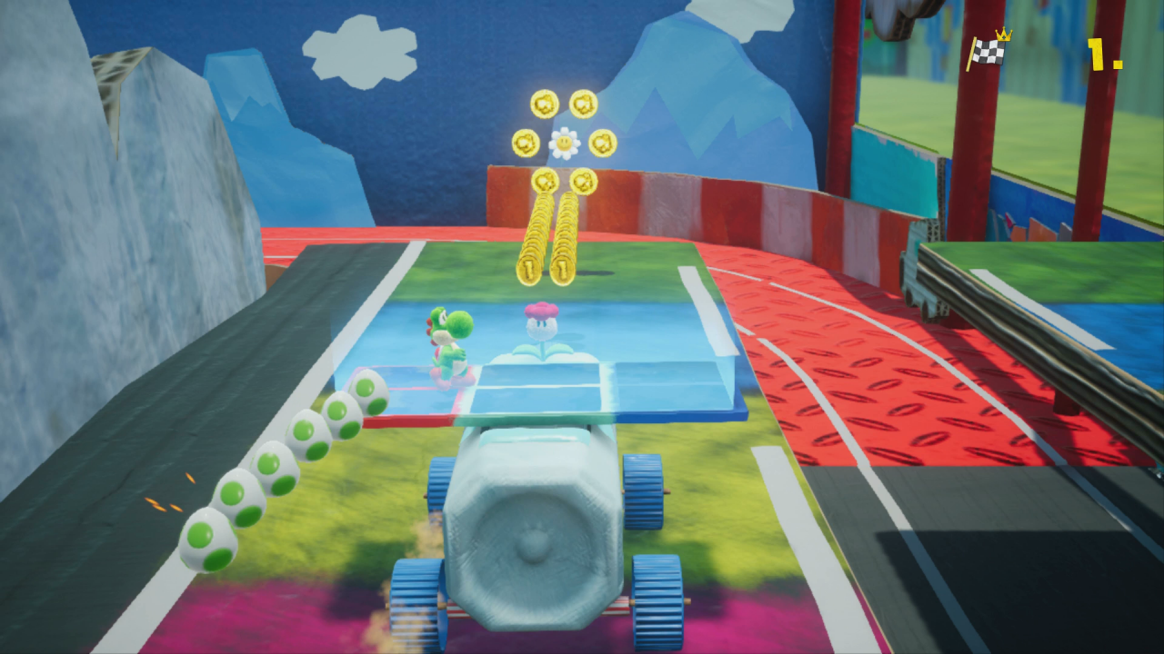 [02/04/2019] Yoshi's Crafted World: Welt 14 - Level 3: Solar-Zoom (Match): Für die zweite Blume müsst ihr euer Fahrzeug über die löchrige Plattform manövrieren.