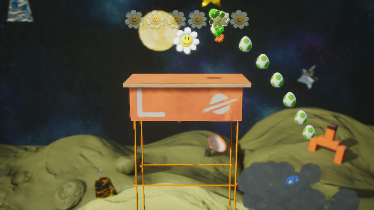[02/04/2019] Yoshi's Crafted World: Welt 13 - Level 1: Countdown zum Abflug: Um an die sechste Blume zu gelangen, müsst ihr mithilfe der Tintenfisch auf das Gestell springen.