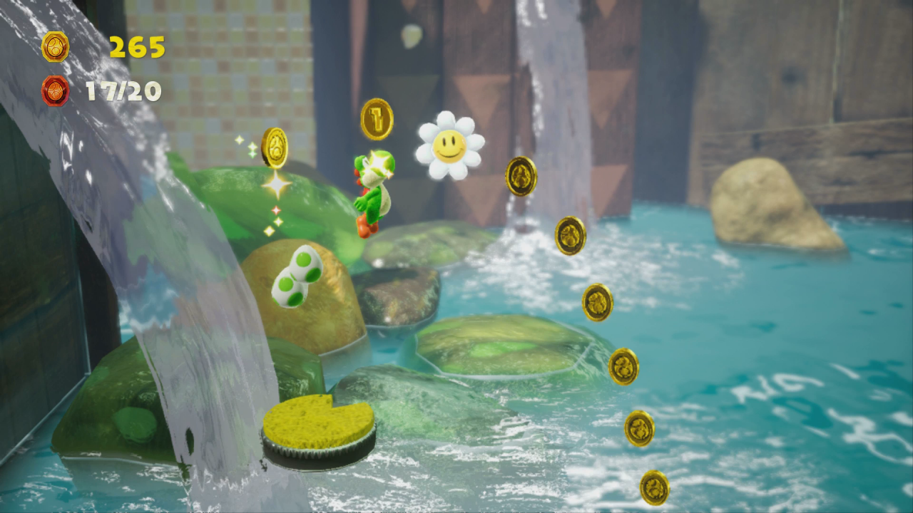 [02/04/2019] Yoshi's Crafted World: Welt 14 - Level 1: Flussfreunde: Springt bei dem letzten Wasserfall rechtzeitig ab, um die siebte Blume einzusacken.
