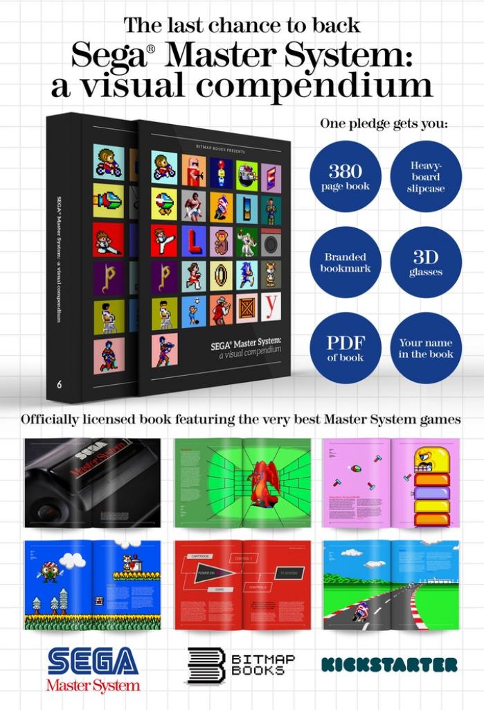 [25/04/2019] „Sega Master System: a visual compendium“ ist ein bald erhältliches, 380 Seiten starkes und offiziell von Sega lizenziertes Buch rund ums Master System. Auf Kickstarter sammelte Verleger Bitmap Books umgerechnet 134.275 Euro, um das Projekt in die Tat umzusetzen.