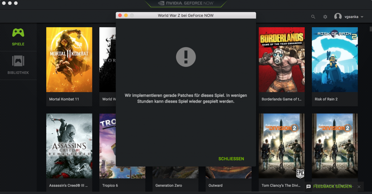 [30/04/2019] „In wenigen Stunden kann dieses Spiel wieder gespielt werden.“ Wenn Nvidia bei GeForce Now Server-seitig einen neuen Patch für ein Spiel einpflegt und testet, erscheint diese Meldung.