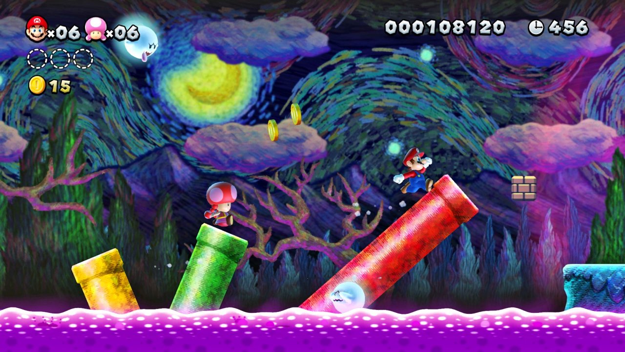 [31/05/2019] Diese von Vincent Can Goghs Gemälde „Sternennacht“ inspirierten Welten in New Super Mario Bros. U zeigen, was alleine künstlerisch mit der Mario-Serie möglich wäre.