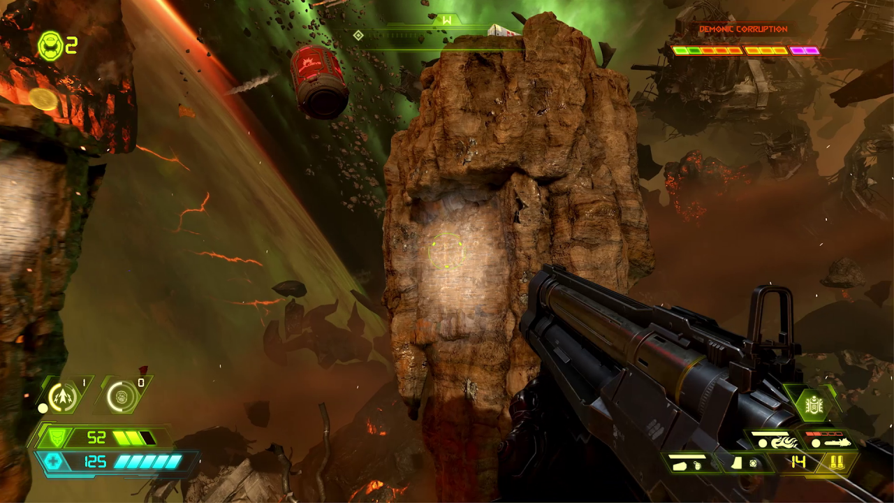 [06/06/2019] Das neue Bewegungsrepertoire des Doom Slayers ermöglicht es uns zum Beispiel, uns an der grau hervorgehobenen Fläche vor uns festzuhalten und zu klettern.