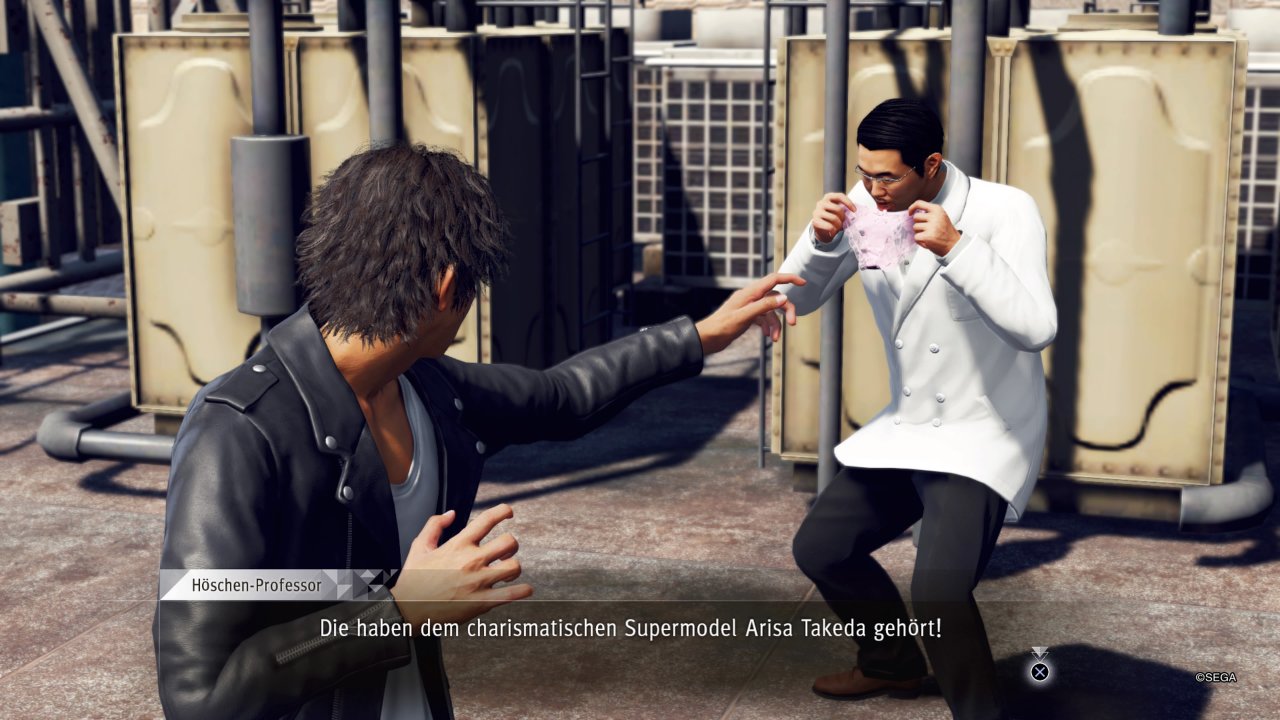 [19/06/2019] Im Gegensatz zur ernsten, düsteren Hauptstory erwarten euch in den Nebenmissionen einige skurrile Momente. Hier stellt sich Yagami gerade einem Perversen, der sich selbst als Höschen-Professor bezeichnet.