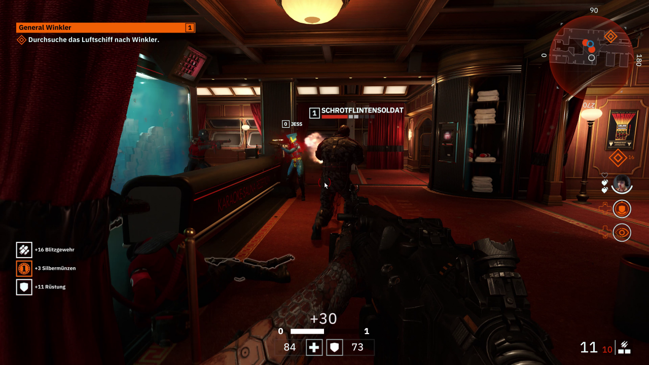 [06/06/2019] Neu in Wolfenstein: Youngblood sind unter anderem auch die Lebensbalken über Gegnern. Diese informieren in Form der weißen Kästchen auch über die Rüstung eines Feindes.