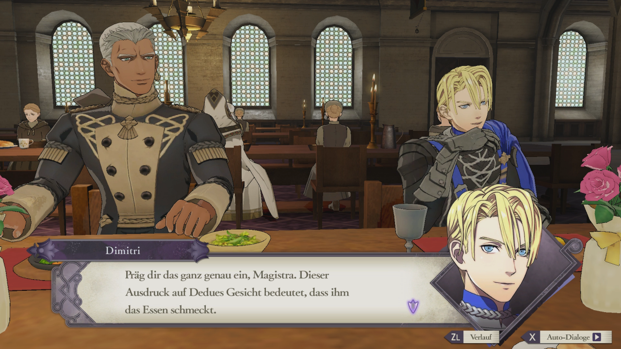 Zwei Charaktere aus Fire Emblem: Three Houses beim Essen