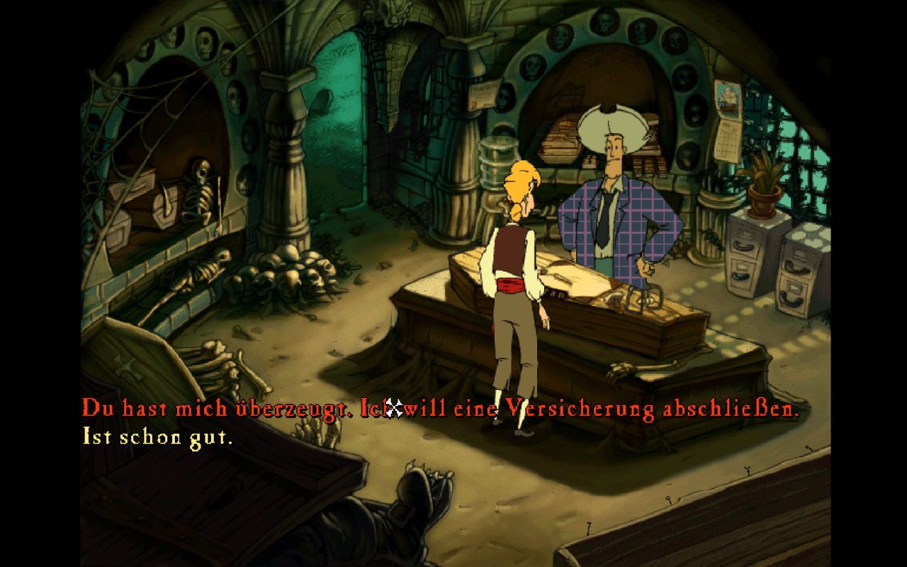 [18/10/2019] Stan, der gerissene Gebrauchtwarenhändler, gehört einfach in jedes Monkey-Island-Spiel. In The Curse of Monkey Island verkauft er Lebensversicherungen im Inneren einer Gruft und nutzt einen Sarg als Schreibtisch. &nbsp;