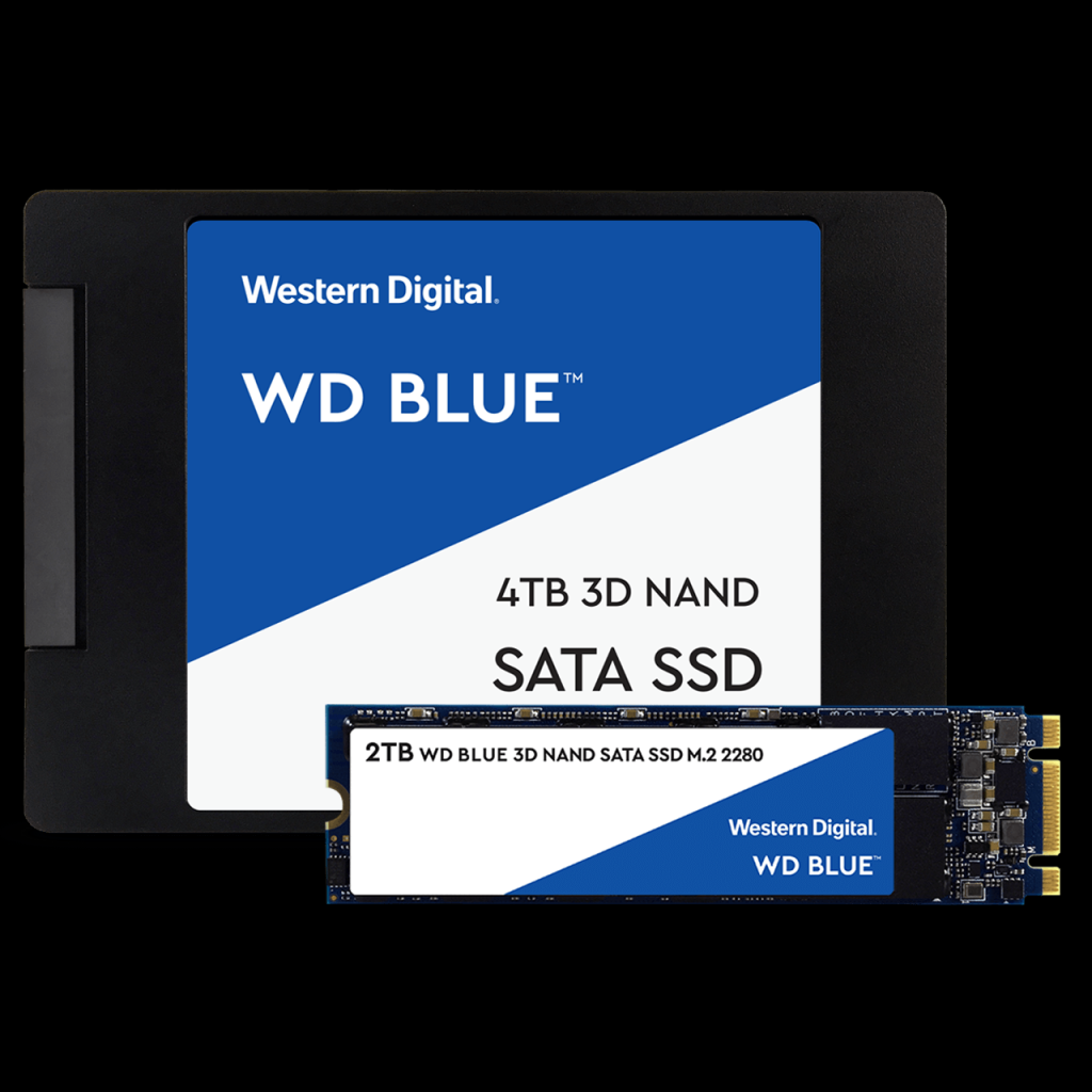 [25/10/2019] Die Blue-Reihe von Western Digital bietet SSDs in zwei Bauarten und (nicht im Bild) auch Festplatten.