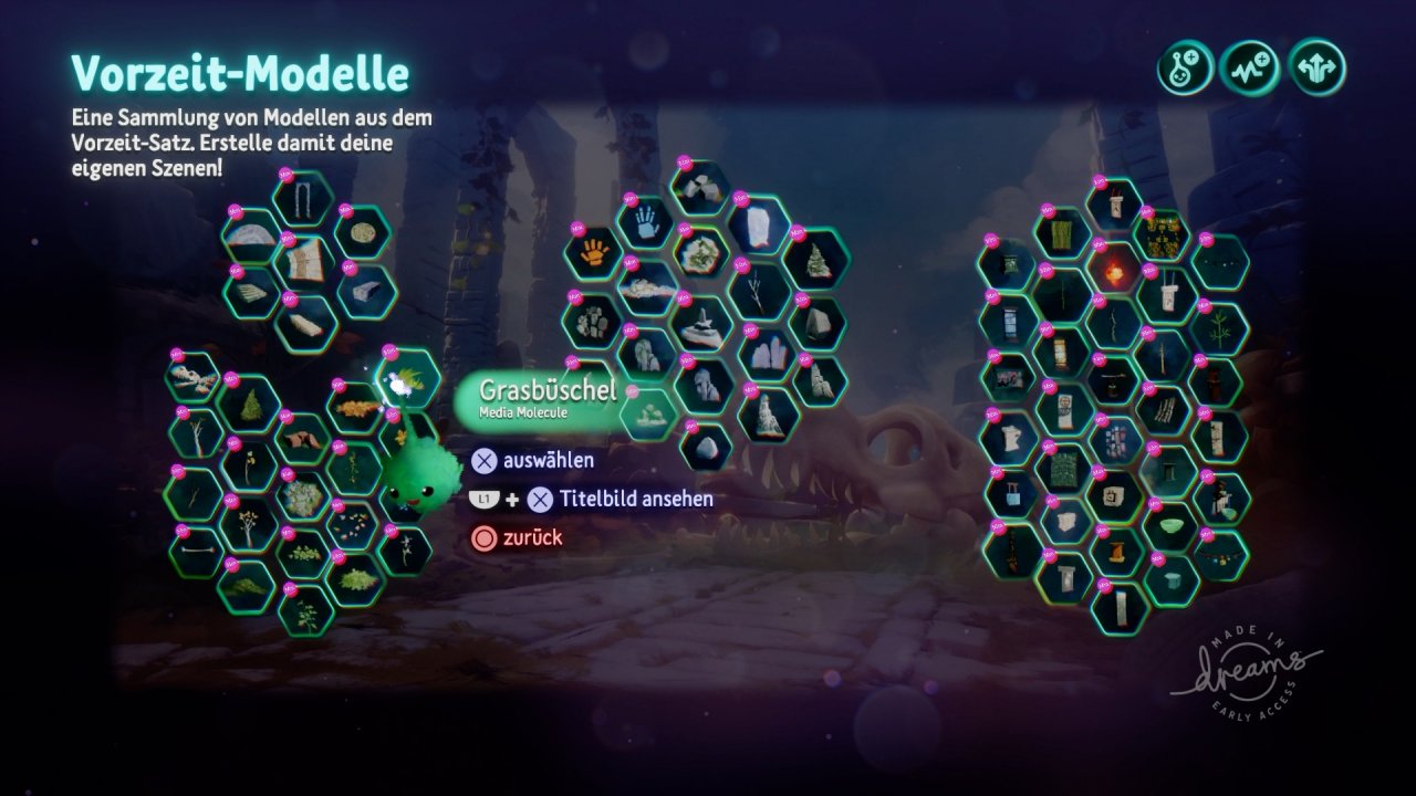 Entwickler Media Molecule gibt euch diverse Asset-Pakete an die Hand, die bereits voller Standardobjekte wie Bäume, Mauern oder Grasbüschel bestehen.