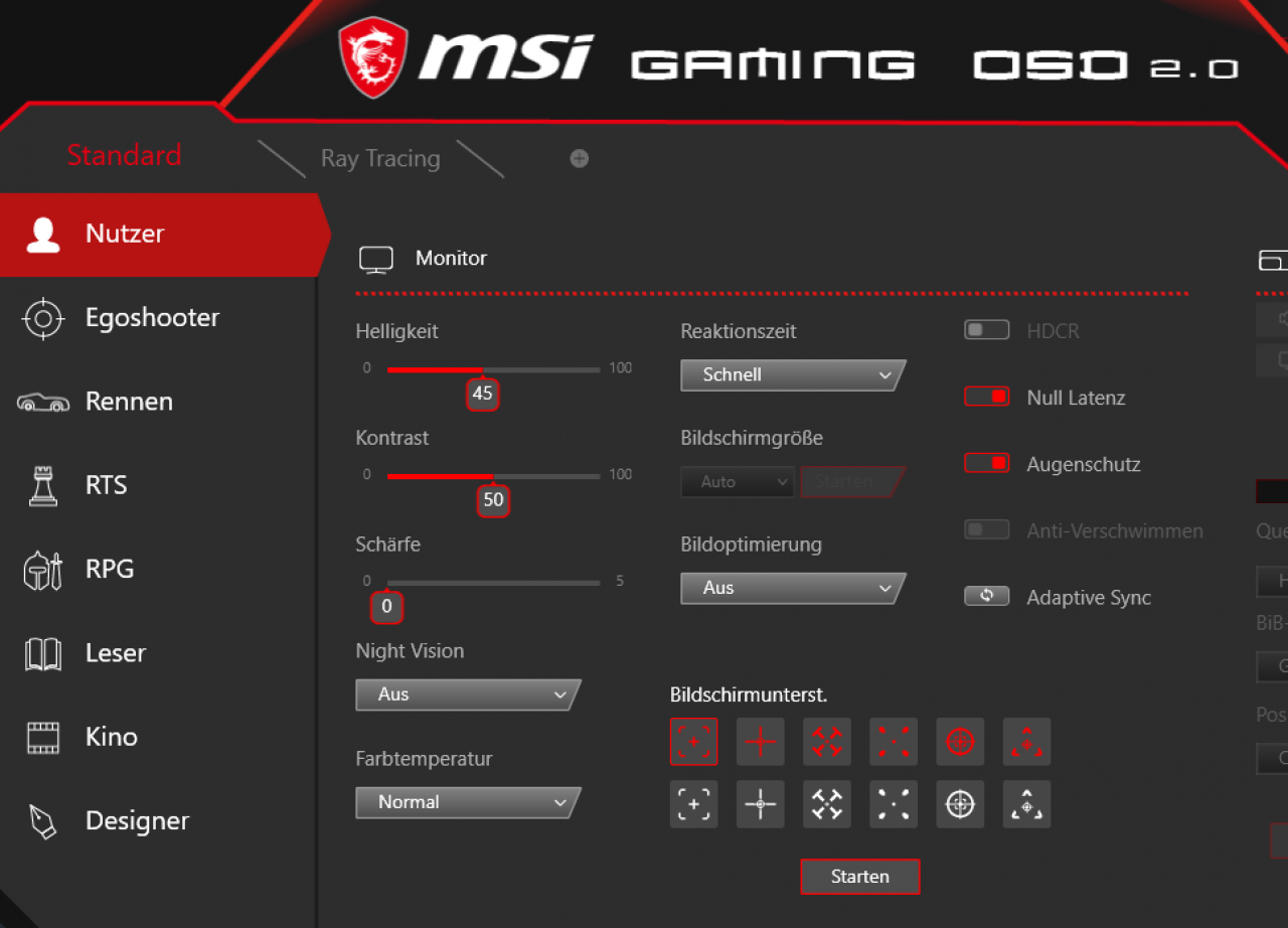 [07/02/2020] Das MSI Gaming OSD bietet viele Einstellungsoptionen - nicht auf dem Screenshop ist der rechte Bereich mit weiteren Funktionen wie einer Bild-in-Bild-Option.