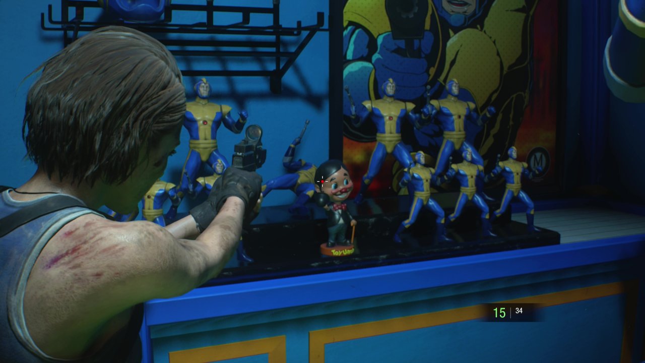 Jill Valentine zielt in Resident Evil 3 auf eine Mr. Charlie-Figur.