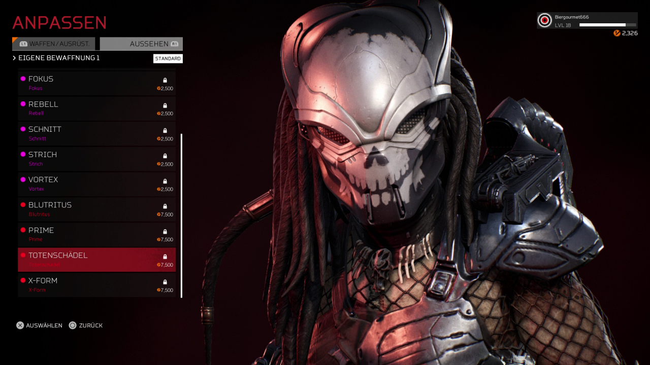 Ein Totenschädelmuster auf eurem Predator-Helm? In Sachen optischer Anpassung euer Spielercharaktere gibt es beinahe keine Grenzen. 