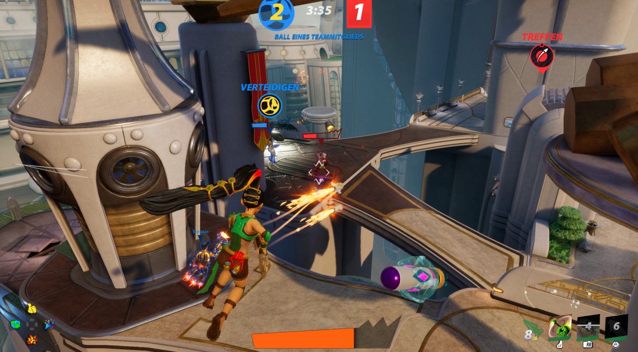 [18/06/2020] Mit Raketen- und Mehrfachsprünge katapultiert ihr euch durch die Lüfte. Das Spieltempo ist in Rocket Arena schnell, trotzdem überfordert es euch aber nicht.