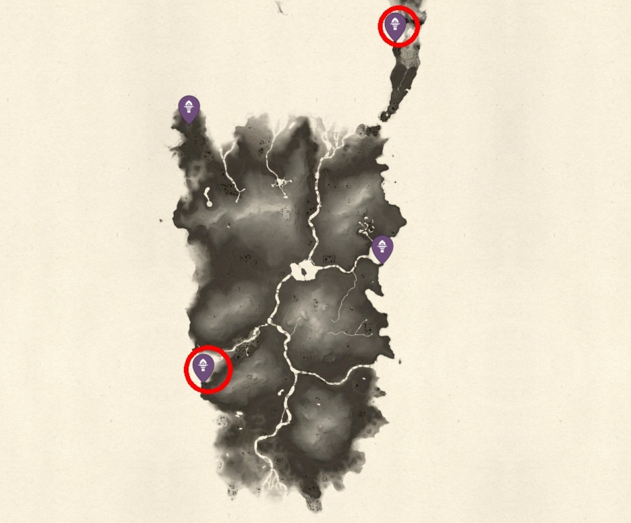 [30/07/2020] Alle Leuchttürme in Ghost of Tsushima - Erster Inselteil. Die rot markierten Türme erhaltet ihr während Story-Missionen.