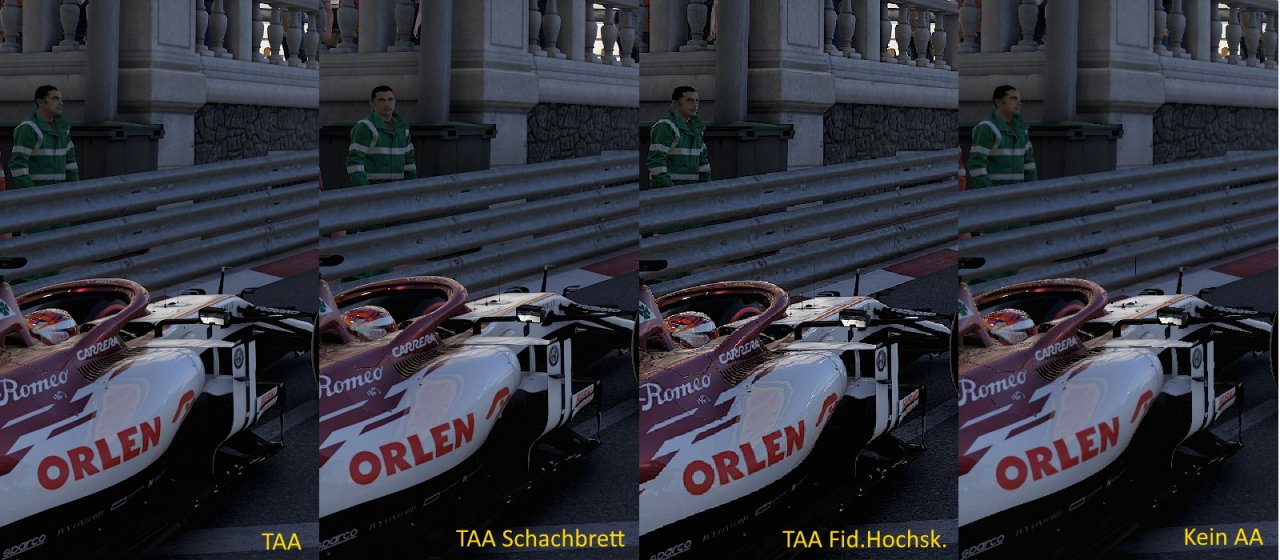 [07/07/2020] Vergleich der Anti-Aliasing-Methoden - ohne AA sind Stufenbildungen bei der Mauer und der Laterne zu erkennen. Die TAA Fidelity Hochskalierung enttäuscht.