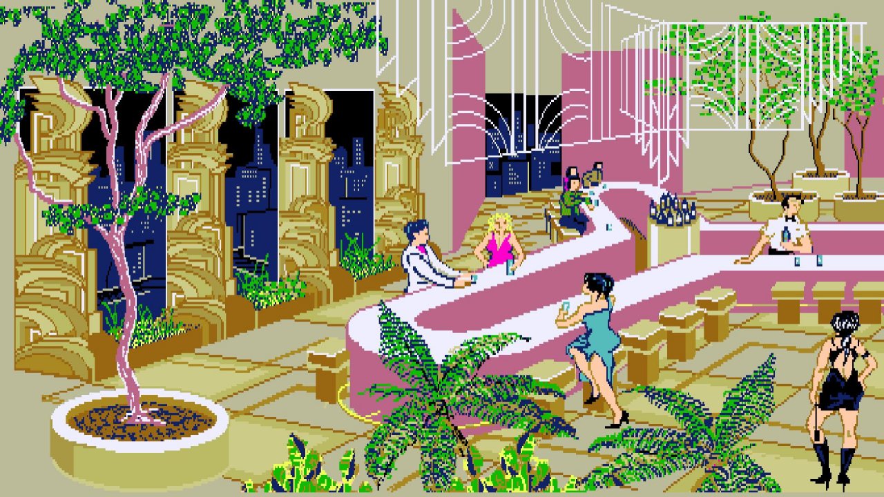 [16/07/2020] Das Adventure Romantic Encounters von 1987 ist quasi ein Bagger-Simulator. Es verzichtet fast komplett auf Grafik. Diese Bar ist eine der wenigen Ausnahmen. (Bild: Amiga) &nbsp;