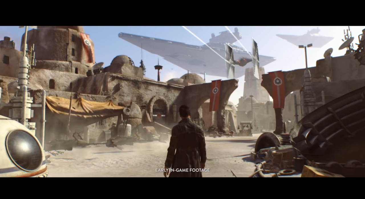 Eine an Tatooine erinnerde Stadtszene. Am Himmel zwei Sternenzerstörer und im Vordergrund der Protagonist.