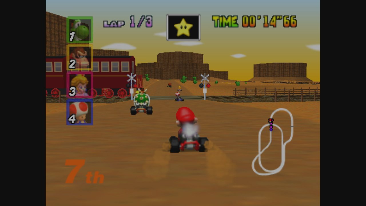 Viele Strecken, wie hier beispielsweise die Kalimari Wüste, wurden in späteren Ablegern der Mario-Kart-Reihe bereits als Retro-Strecken neu aufgelegt.