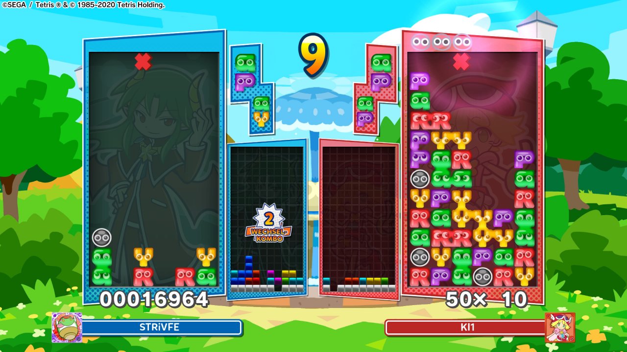 [20/01/2021] Achillesferse: Während wir uns hier auf dem Tetris-Feld ein Kopf-an-Kopf-Rennen liefern, ist die KI bei Puyo Puyo noch überforderter als wir. Dem automatischen Schwierigkeitsgrad sei Dank!