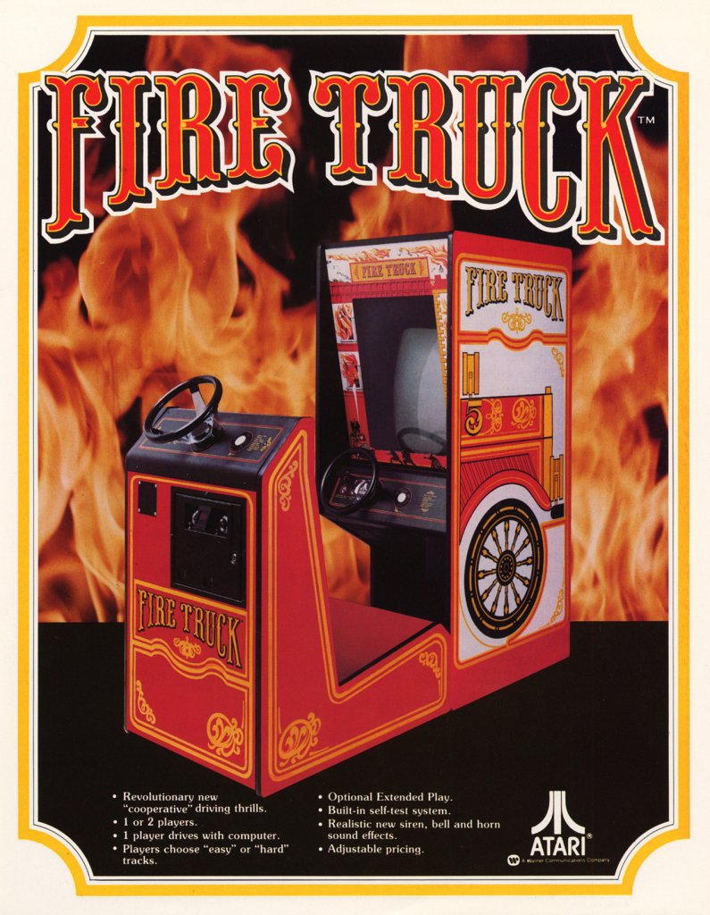 [31/03/2021] Auf diesem offiziellen Werbeflyer zu Fire Truck ist das innovative Zwei-Spieler-Setup des Arcade-Automaten noch einmal sehr gut zu sehen.