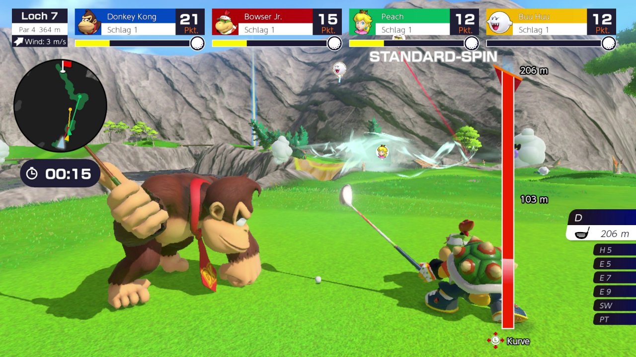 [23/06/2021] Manchmal sind aus Mario-Games bekannte Objekte oder Figuren auf den Kursen als Hinernisse platziert, doch allgemein fehlt es den Golfplätzen etwas an Kreativität.