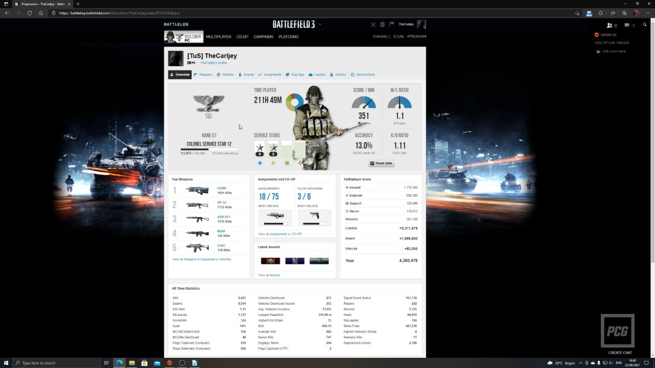 [25/08/2021] Im Battlelog lassen sich die eigenen Statistiken einsehen...