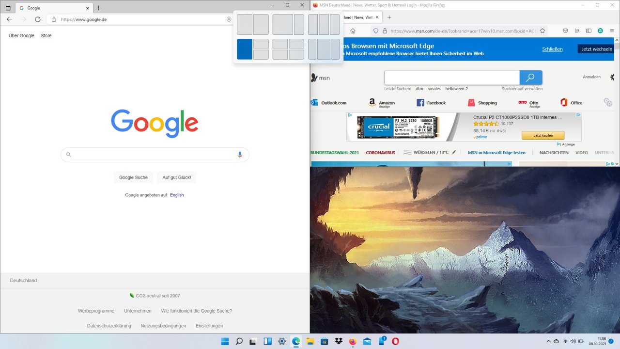[08/10/2021] Windows 11 - Fenster anordnen funktioniert auch über ein Kontextmenü mit Vorschlägen zum Anordnungs-Layout
