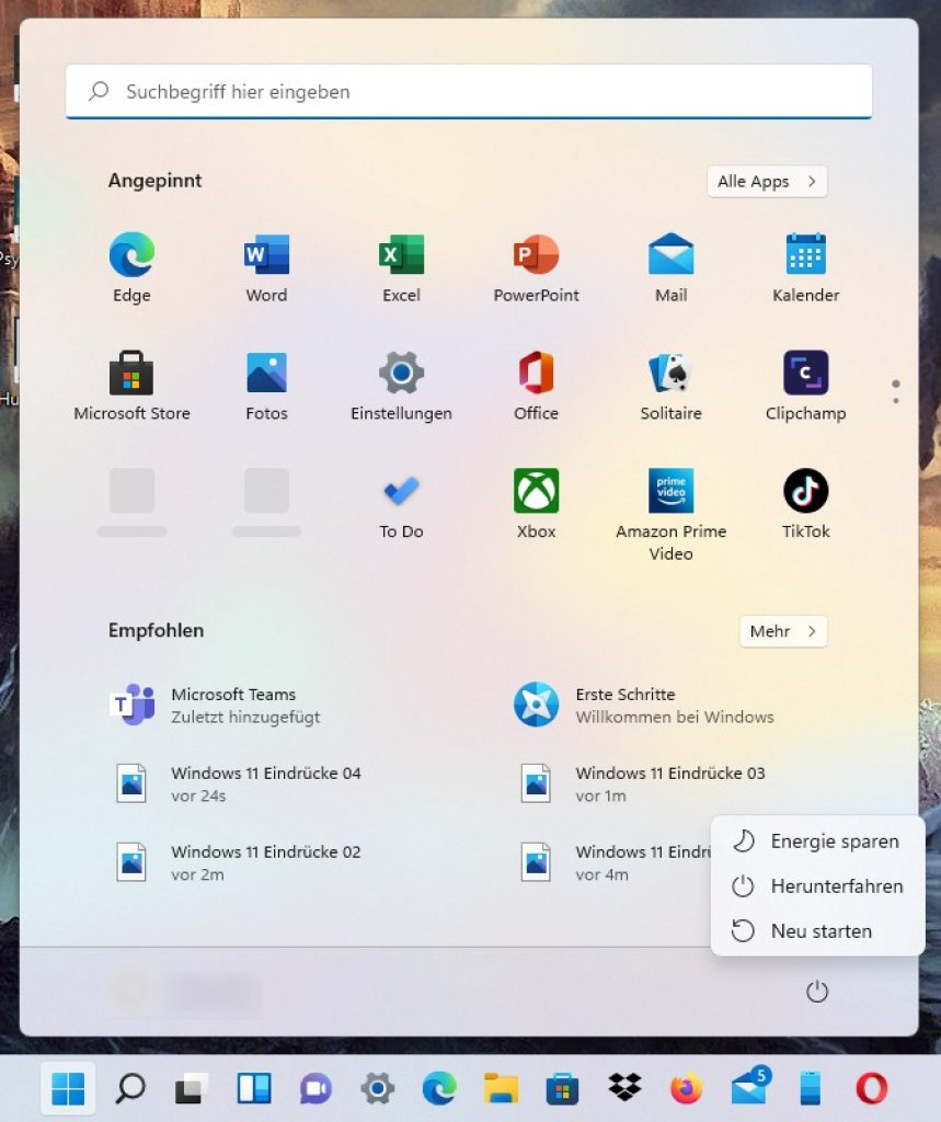 [08/10/2021] Windows 11 - Das Startmenü zeigt angepinnte und zuletzt genutzte Dokumente, bietet ein Suchfunktion und natürlich auch die Option zum Herunterfahren oder Neustarten des PCs.