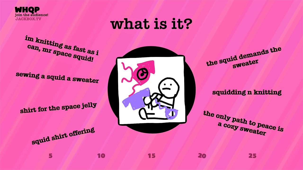 [10/11/2021] Nach ausgiebigem Betrachten des animierten Kunstwerks in Drawful Animate gibt jeder Spieler einen Tipp ab, welche Begriffe dargestellt sein könnten.