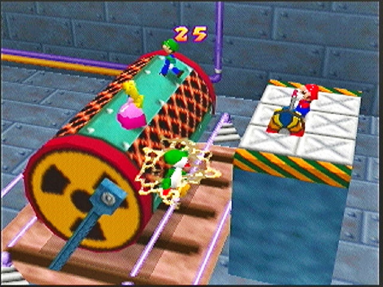 [09/11/2021] Drei Spieler versuchen in diesem Minispiel, auf der Rolle zu balancieren, die wiederum vom Einzelspieler gedreht wird. Wer abrutscht, wird gebrutzelt!