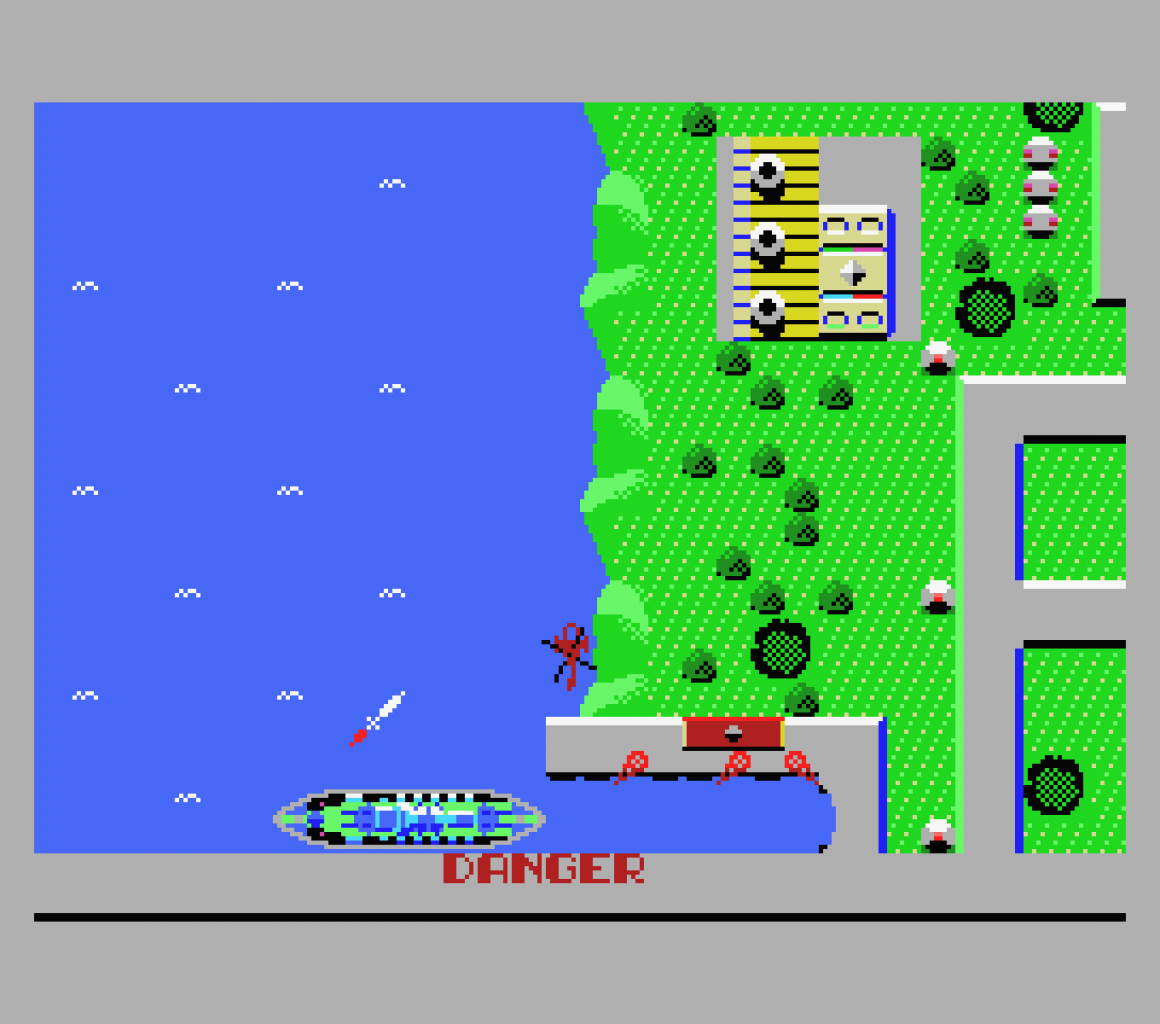 [10/12/2021] Raid on Bungeling Bay: Wrights Debüttitel macht C64-Spieler zum Hubschrauberpiloten, der gegnerischen Fabriken aus der Luft neutralisiert. Der Screenshot stammt aus der MSX-Version. (1)