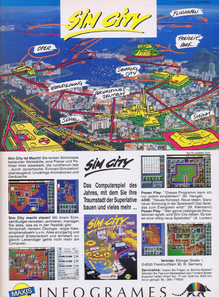 [10/12/2021] „Das Computerspiel des Jahres, mit dem Sie die Traumstadt der Superlative bauen (...)“: Mit dieser Anzeige wird Sim City 1990 in der Spielezeitschrift ASM beworben.