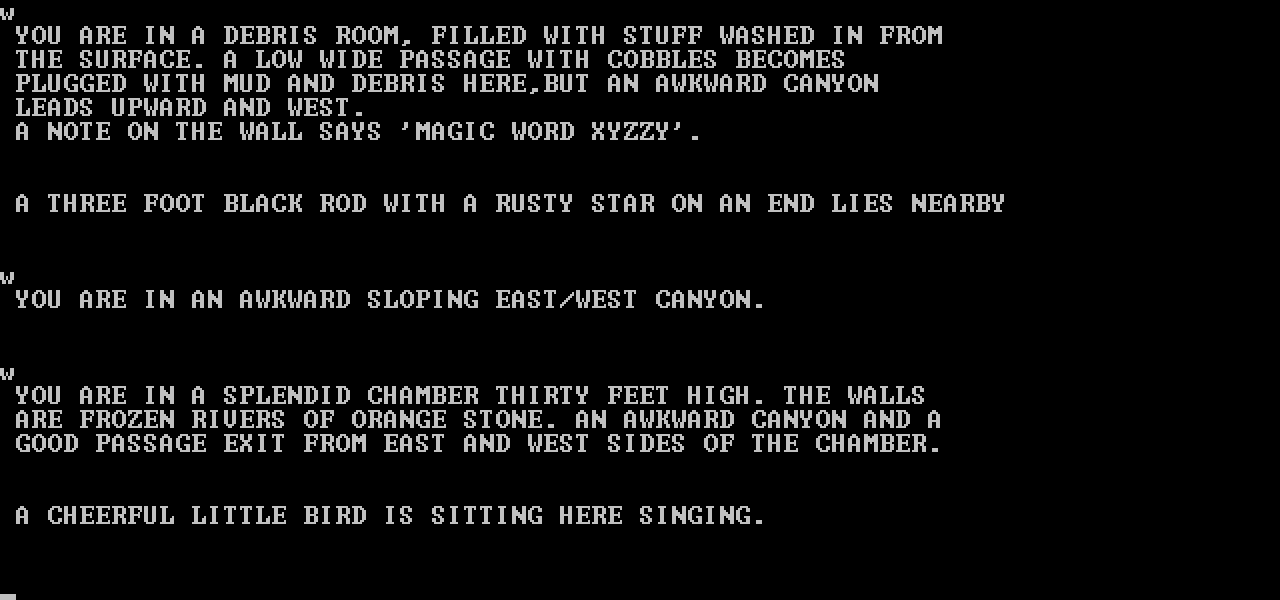 [01/02/2022] Text-Abenteuer mit offener Welt: Nach den Modifizierungen von Don Woods können Spieler in Colossal Cave Adventure (1976) über 140 Orte besuchen und mit 53 Objekten interagieren. (