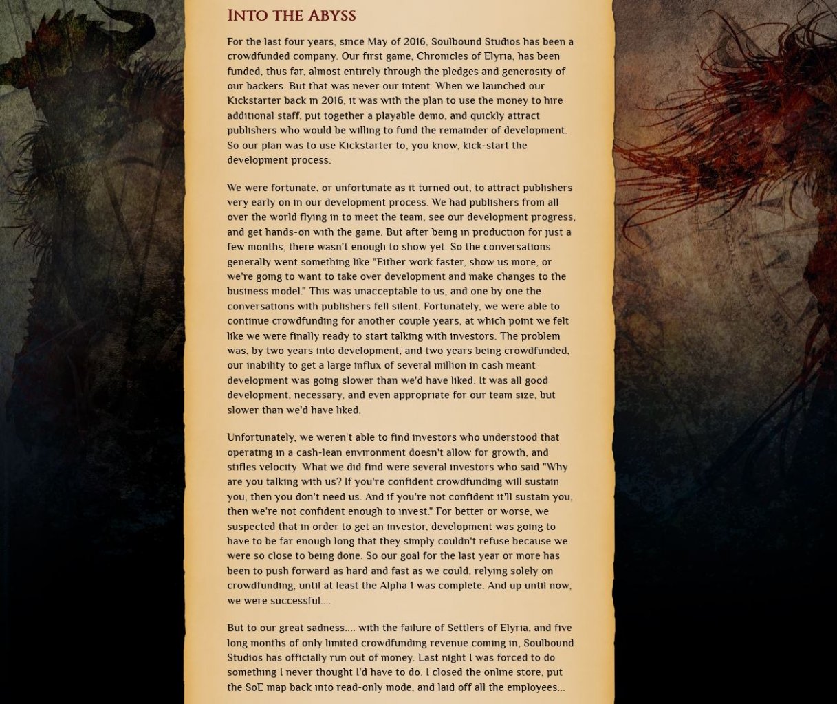 [11/03/2022] Fünf Tage nachdem „Trial of the Tested“ ausgeliefert wurde kündigte Walsh in einem wirren Beitrag über den „griechischen Monomythos“ an, dass Soulbound Studios seine Türen schließe. &nbsp;