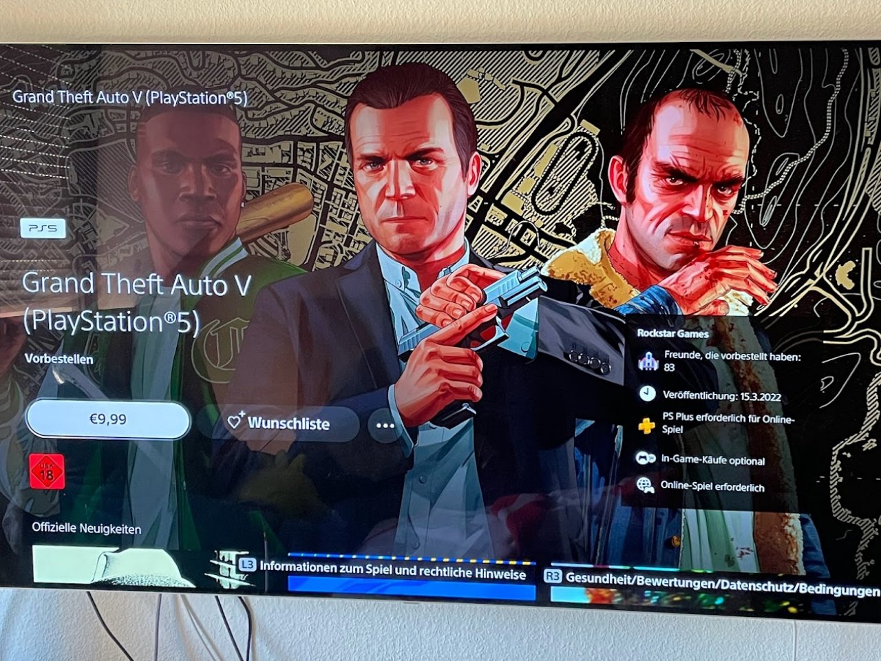 [08/03/2022] GTA 5 für PS5 kann man jetzt im Playstation Store vorbestellen.