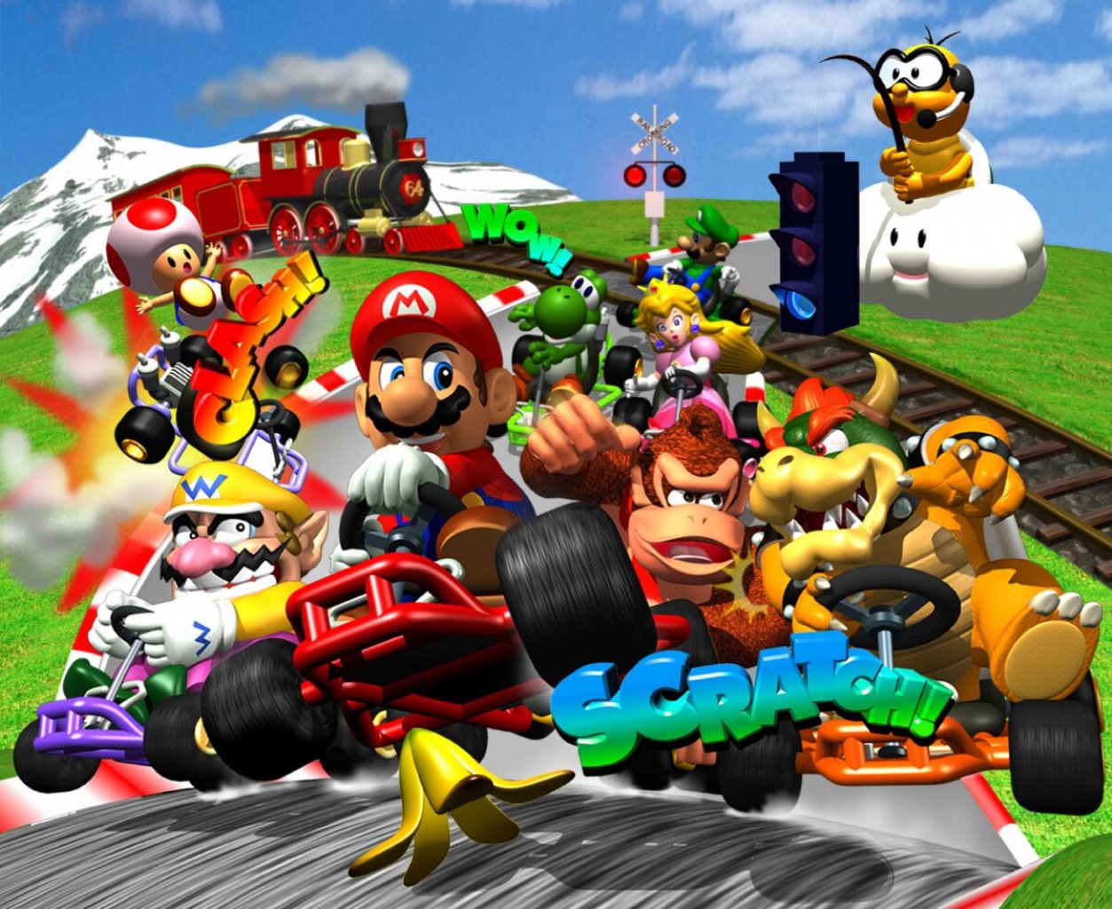 Gruppenbild von Mario-Charakteren auf ihren Karts.