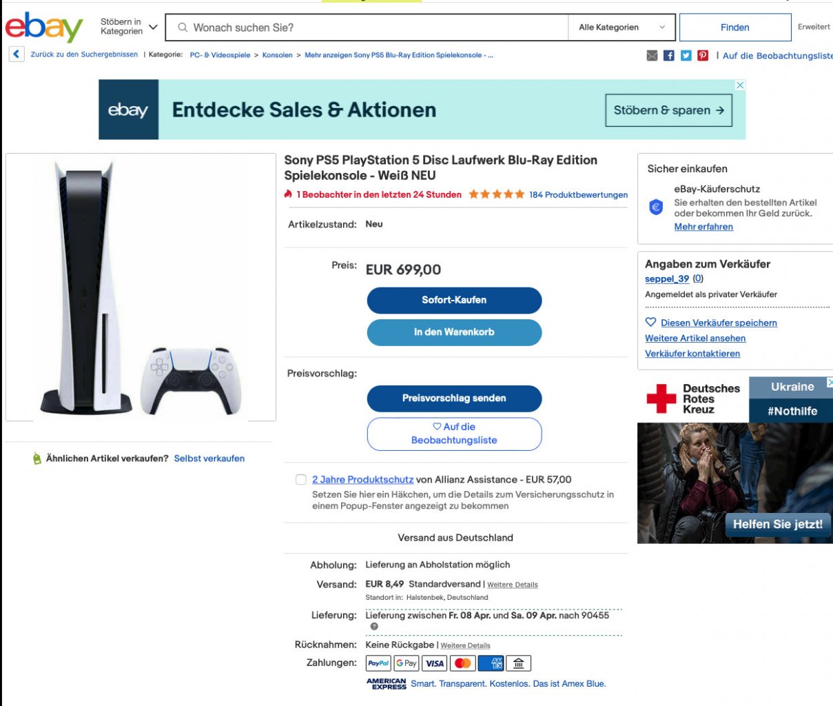 [05/04/2022] Eine brandneue PS5 im Sofortkauf für unter 700 Euro: So laaangsam gehen die ebay-Preise etwas runter.&nbsp;