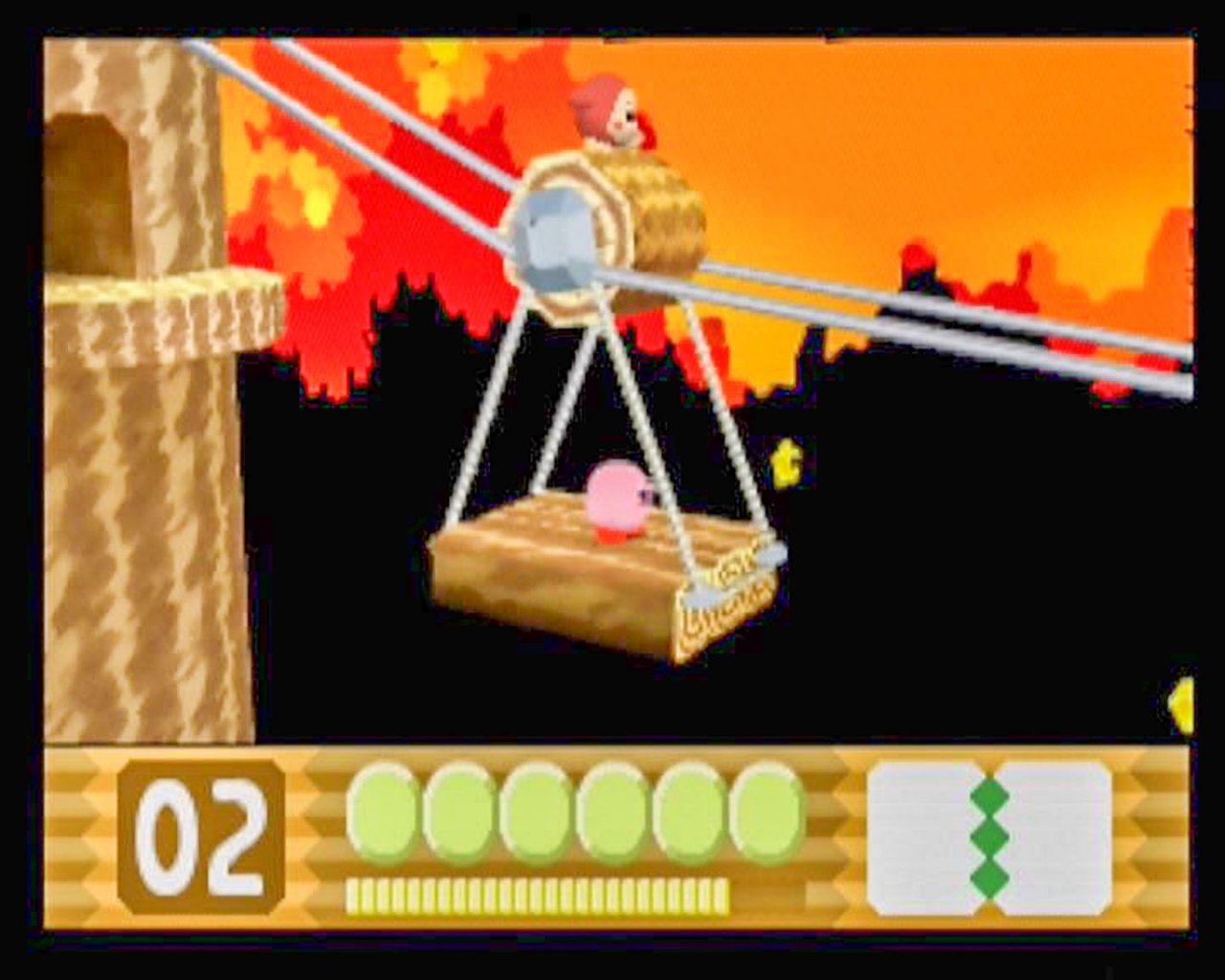 [08/06/2022] Auf Nintendo 64 kombiniert Kirby nicht nur unterschiedliche Fertigkeiten, auch seine Freunde helfen mit – hier etwa Waddle Dee beim Bedienen der Plattform.