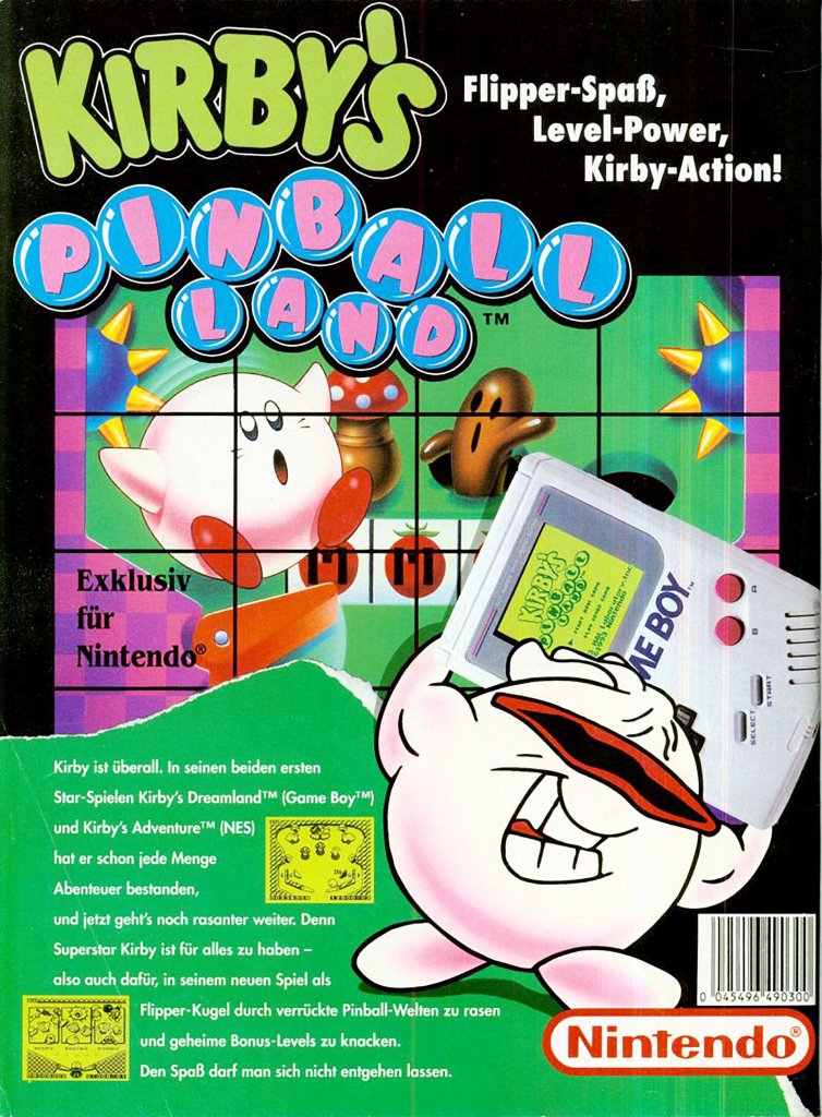 [08/06/2022] Kirby-Werbung im Nintendo-Magazin – auf der Anzeige von Kirby’s Pinball Land sieht der rosa Held nicht nur immer noch viel zu blass aus, sondern auch ganz anders als gewohnt: diese fürchterlichen Zähne! Urheber des Bilds war vermutlich ein externer Illustrator.