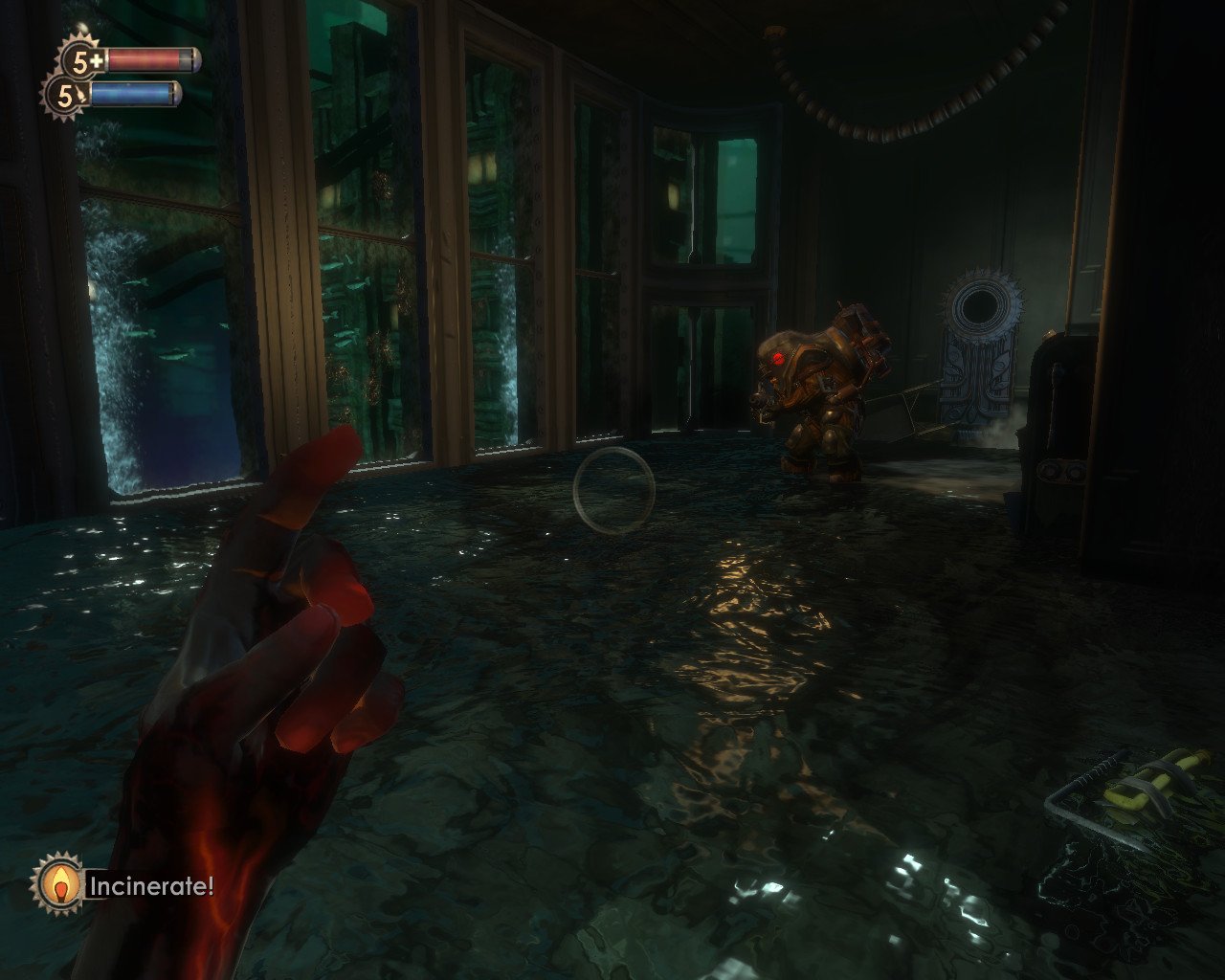 [22/07/2022] Die Animation der Hände spielt in Bioshock eine entscheidende Rolle. Die Bewegungen und Effekte stellen den Einsatz der Plasmide dar. Ein Schnippen etwa setzt den lauernden Big Daddy in Brand.