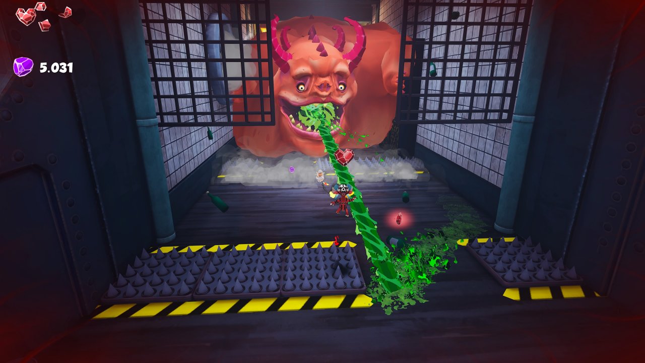 [08/08/2022] Die Bosskämpfe haben es in sich! Hier müsst ihr Gluttonys Magensäure ausweichen, während ihr durch einen Parkour voller Spikes rennt.