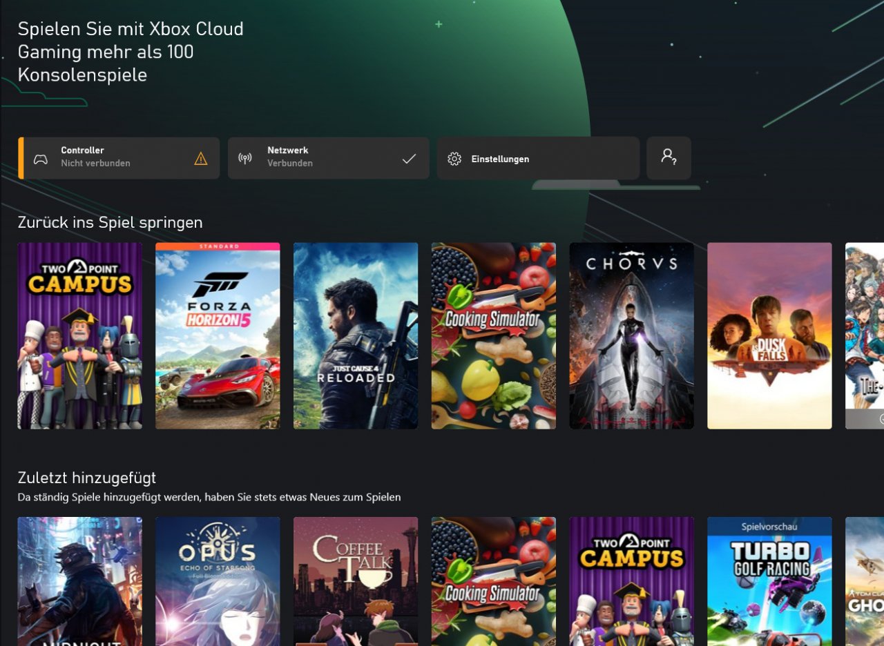 [26/08/2022] Das Cloudgaming-Menü beim Xbox Game Pass für den PC