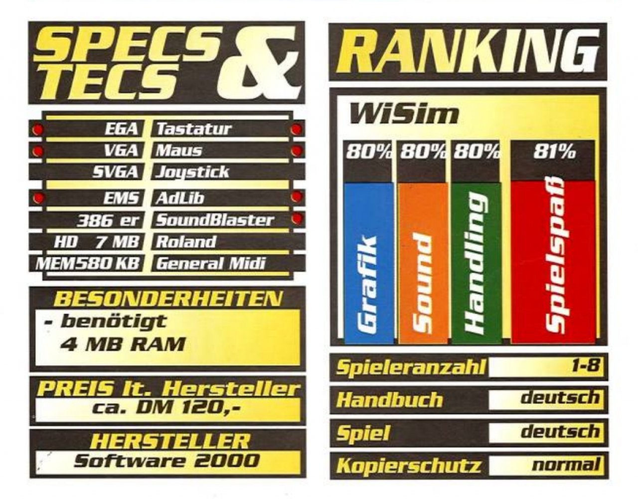 RAM-Bedarf unter Besonderheiten, Aufl&ouml;sungen &bdquo;nur&ldquo; noch bis EGA und die Kopierschutz-Info (was hei&szlig;t bitte &bdquo;normal&ldquo;?). Der Wertungskasten wurde in den n&auml;chsten Jahren verbessert.