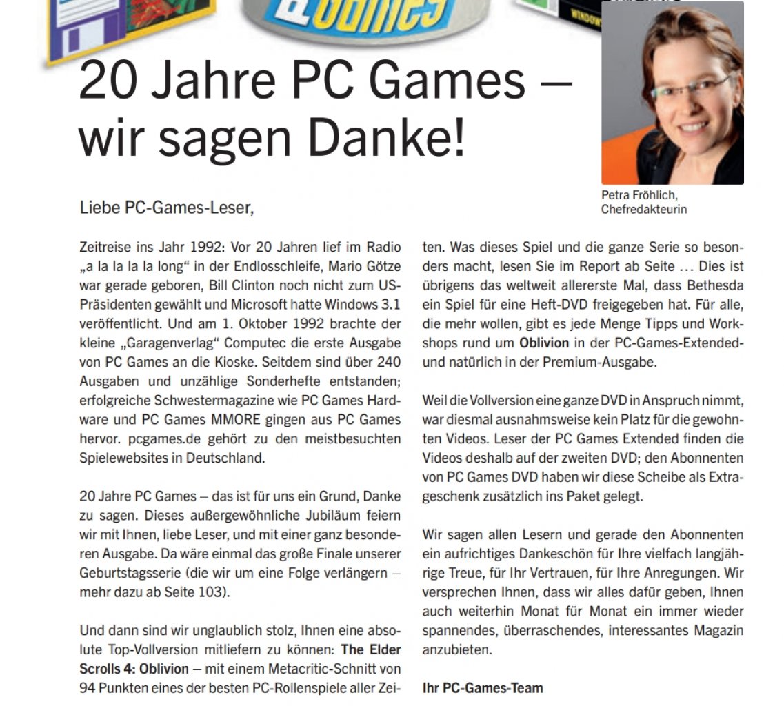 [27/09/2022] Petra Fröhlich bedankt sich im Editorial für 20 Jahre PC Games.&nbsp;