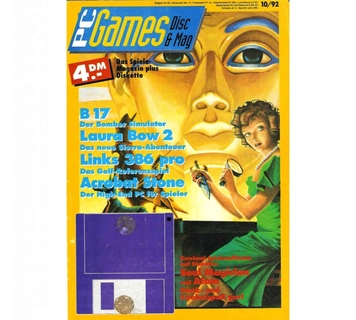 [14/09/2022] Startschuss: Die Erstausgabe 10/92 der PC Games mit Diskette und Laura Bow 2 auf dem Cover.