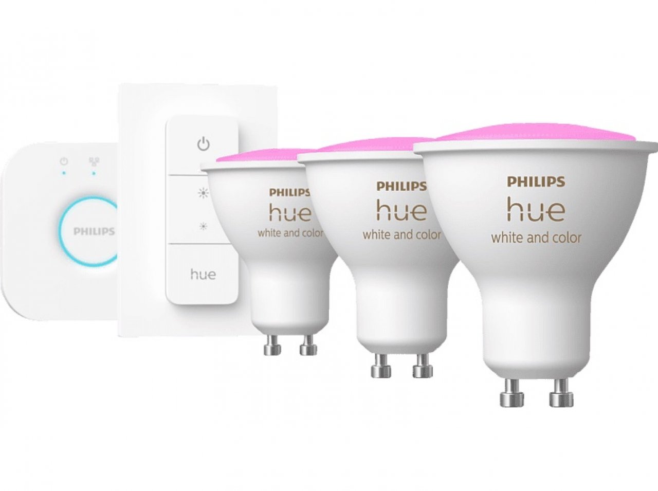 [21/09/2022] Das Philips Hue Starter Set mit 3 GU10-Lampen, Hue Bridgte und Dimmschalter gibt es bei Media Markt jetzt deutlich günstiger zu kaufen.